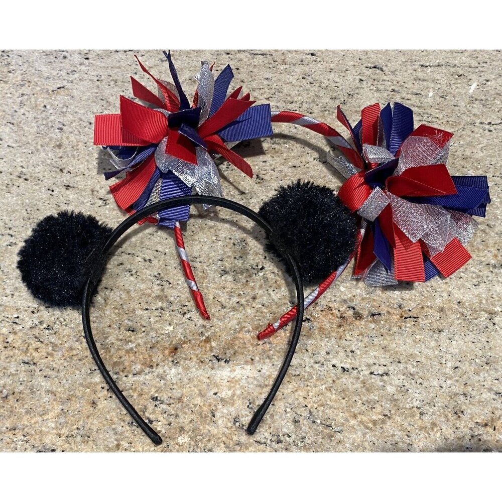 Fun Pom Pom Red Blue Ribbon Black Faux Fur Headbands